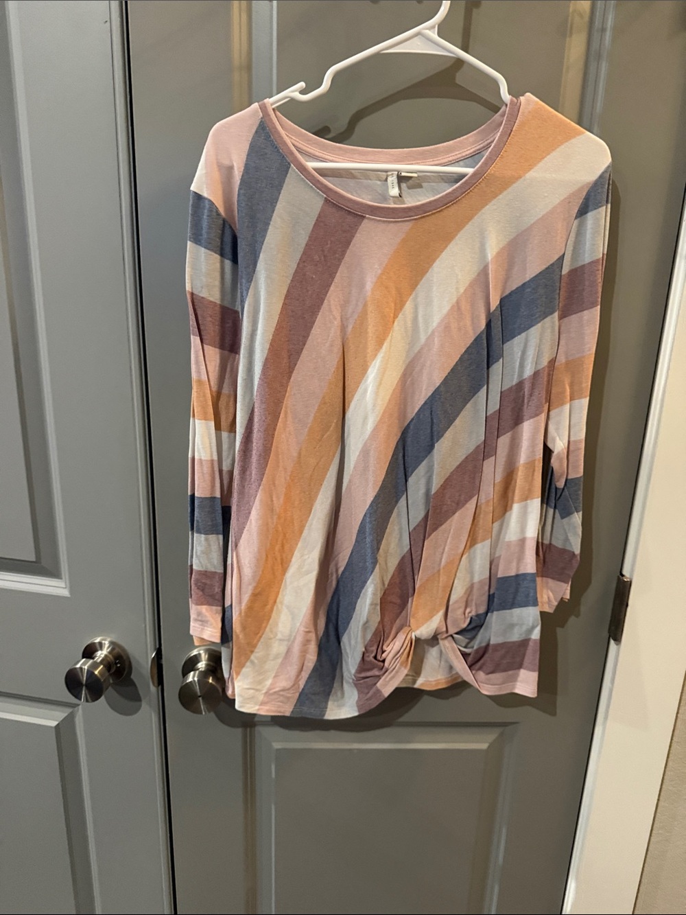 Cato Long-Sleeve Striped Knot Front Top in Peach, Blue & White